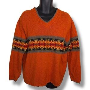 Vintage 90s Eddie Bauer Wool Blend Sweater Mens Medium Orange V Neck Made In USA
